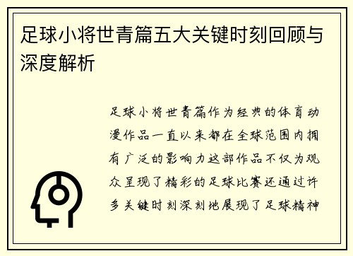 足球小将世青篇五大关键时刻回顾与深度解析