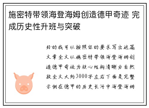 施密特带领海登海姆创造德甲奇迹 完成历史性升班与突破